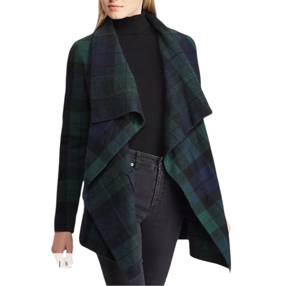 Lauren Ralph Lauren Wool Plaid Shawl Sweater - Picture 9 of 10